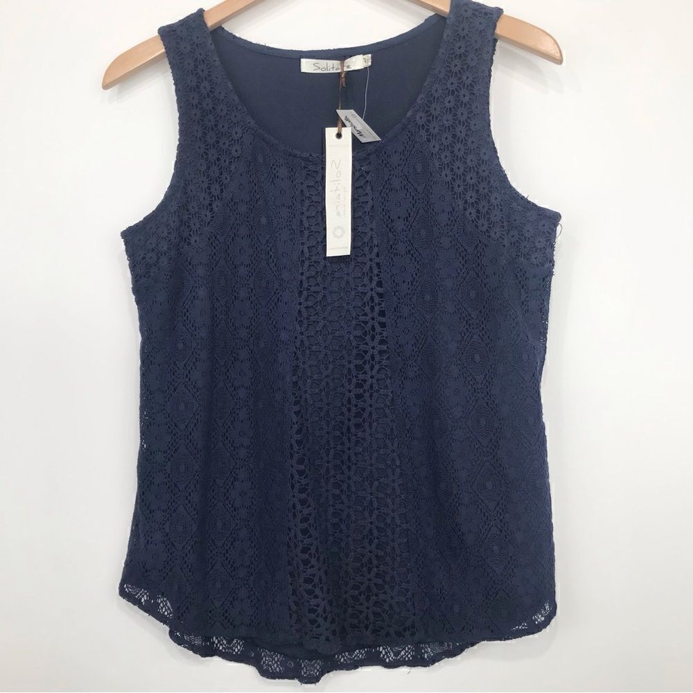 Solitaire NEW Blue Crochet Lace Sleeveless Blouse